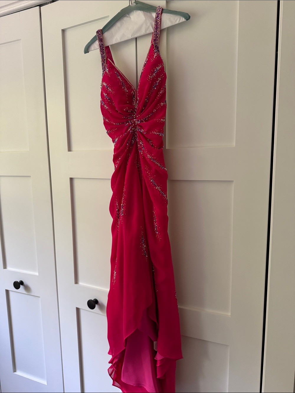 Xcite Prom Hot Pink Beaded Ruched Evening Gown